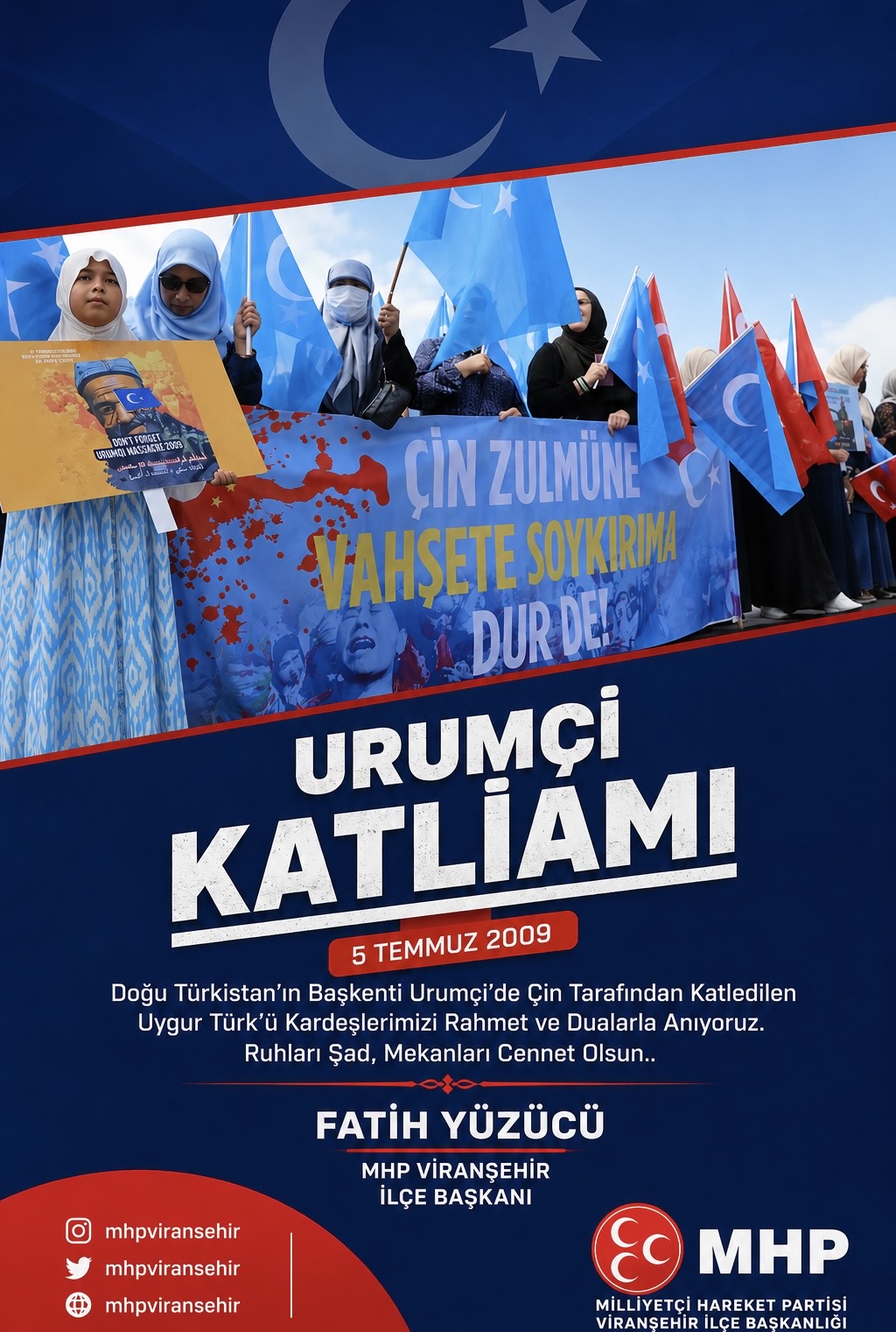 İlçe Başkanımız Fatih YÜZÜCÜ'den Urumçi Katliamı'nın Yıl Dönümünde Anma Mesajı