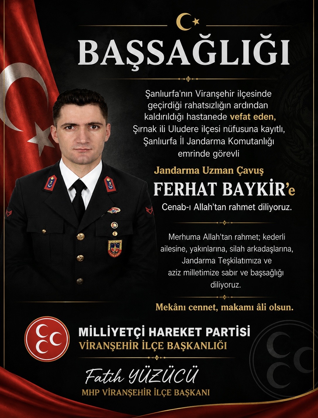 Başkanımız Fatih YÜZÜCÜ'den Jandarma Uzman Çavuş Ferhat Baykir İçin Başsağlığı Mesajı