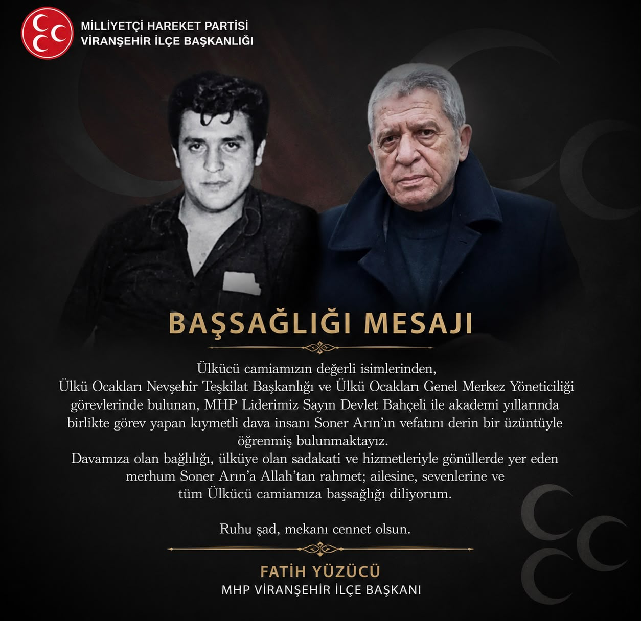 İlçe Başkanımız Fatih YÜZÜCÜ'den Soner Arın İçin Başsağlığı Mesajı